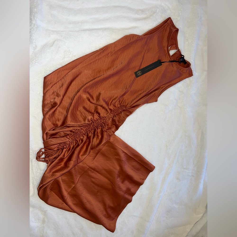 House of Harlow 1960 Auburn Burnt Orange Satin Cinched Midi Dress